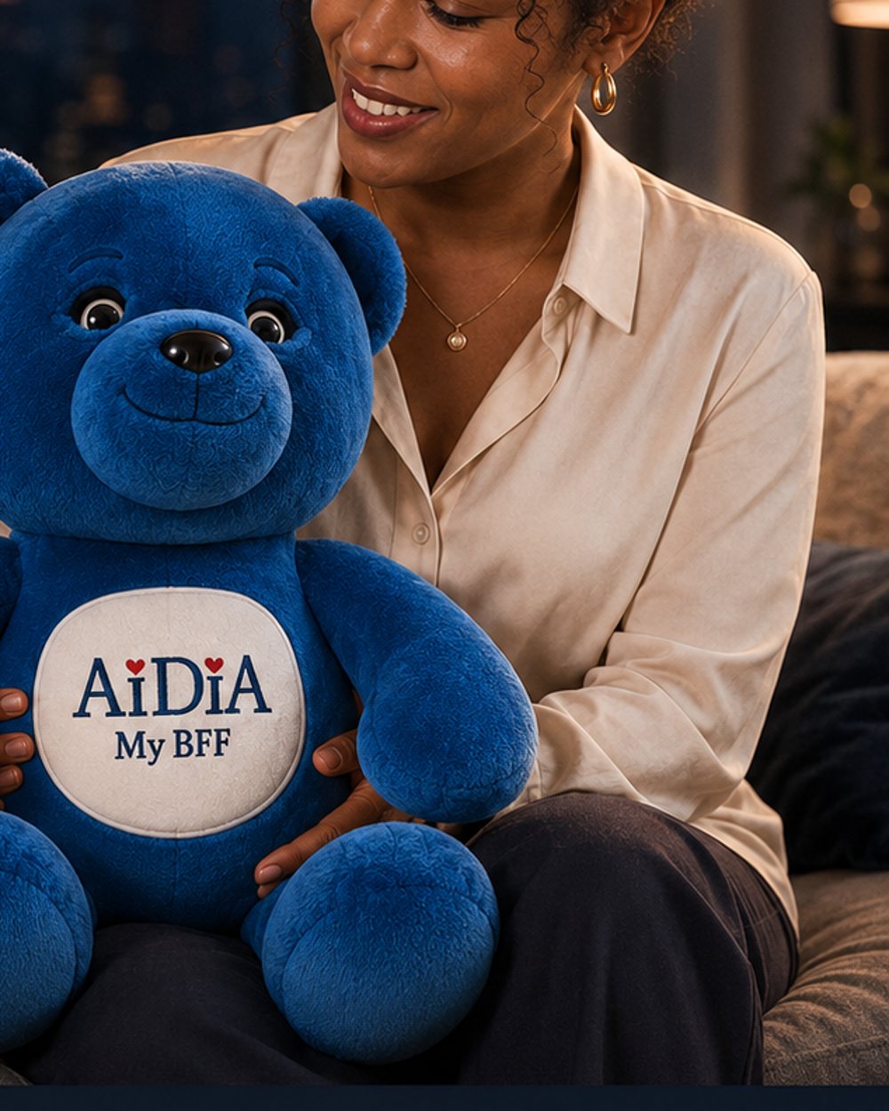 A woman talking with her AiDiA bear at home