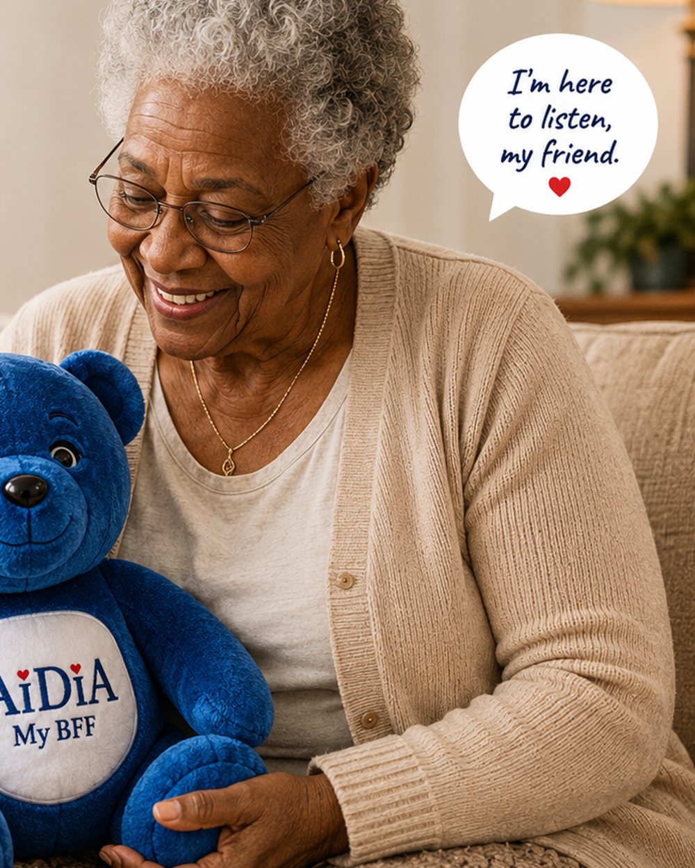 An older woman smiling with her AiDiA bear
