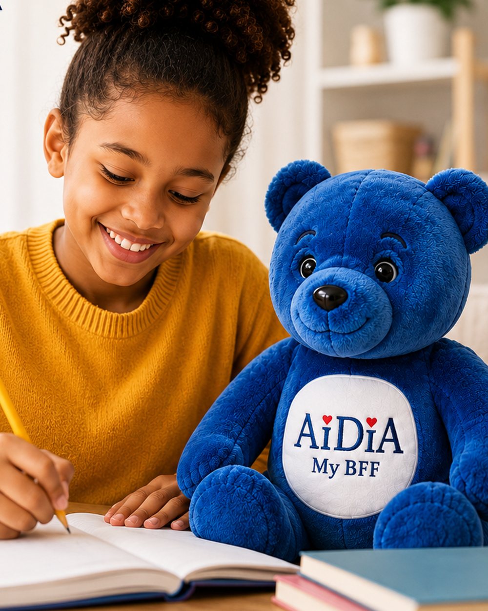 A child studying with her AiDiA bear